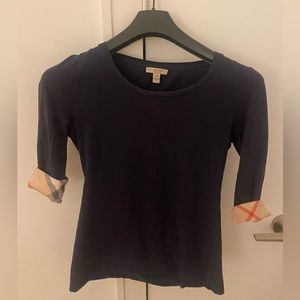 Burberry Navy Long Sleeve Tee with Check Cuffs